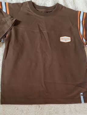 Brown Tee with Orange & Light Blue Stripe Accents